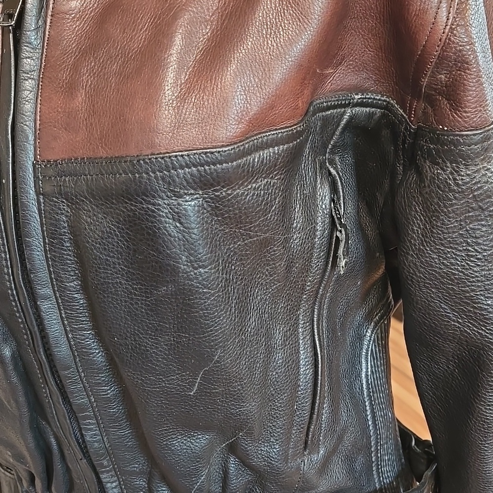 Black and Brown Leather Jacket Unknown Maker Womens Size XL Biker Moto Fitted - Picture 7 of 13